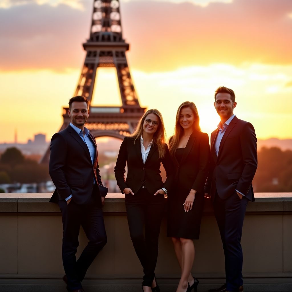 Équipe d'investissement immobilier devant la Tour Eiffel